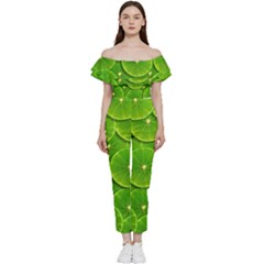 Lime Textures Macro, Tropical Fruits, Citrus Fruits, Green Lemon Texture Bardot Ruffle Jumpsuit by nateshop