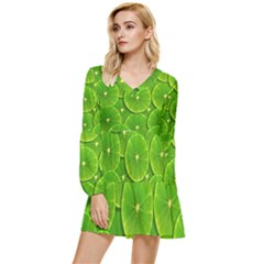 Lime Textures Macro, Tropical Fruits, Citrus Fruits, Green Lemon Texture Tiered Long Sleeve Mini Dress