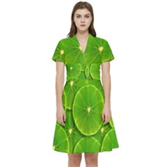 Lime Textures Macro, Tropical Fruits, Citrus Fruits, Green Lemon Texture Short Sleeve Waist Detail Dress