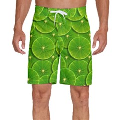 Lime Textures Macro, Tropical Fruits, Citrus Fruits, Green Lemon Texture Men s Beach Shorts by nateshop