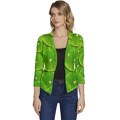 Lime Textures Macro, Tropical Fruits, Citrus Fruits, Green Lemon Texture Women s Casual 3/4 Sleeve Spring Jacket by nateshop