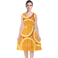 Oranges Textures, Close-up, Tropical Fruits, Citrus Fruits, Fruits V-neck Midi Sleeveless Dress  by nateshop