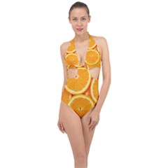 Oranges Textures, Close-up, Tropical Fruits, Citrus Fruits, Fruits Halter Front Plunge Swimsuit