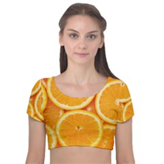 Oranges Textures, Close-up, Tropical Fruits, Citrus Fruits, Fruits Velvet Short Sleeve Crop Top  by nateshop