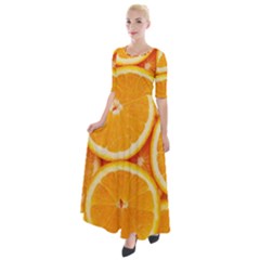 Oranges Textures, Close-up, Tropical Fruits, Citrus Fruits, Fruits Half Sleeves Maxi Dress