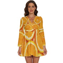 Oranges Textures, Close-up, Tropical Fruits, Citrus Fruits, Fruits Long Sleeve V-Neck Chiffon Dress 