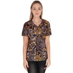 Paisley Texture, Floral Ornament Texture Women s V-neck Scrub Top