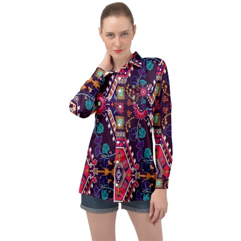 Pattern, Ornament, Motif, Colorful Long Sleeve Satin Shirt by nateshop