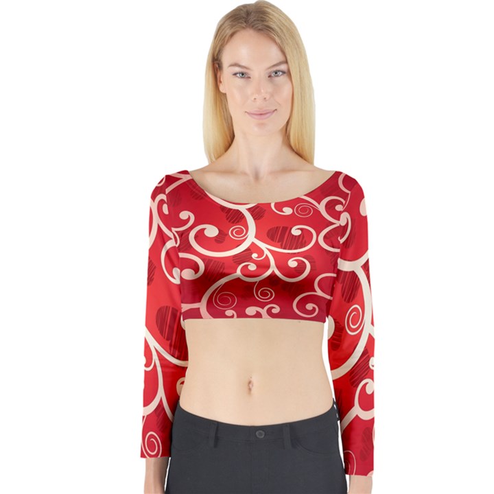Patterns, Corazones, Texture, Red, Long Sleeve Crop Top