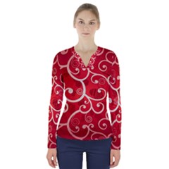 Patterns, Corazones, Texture, Red, V-neck Long Sleeve Top by nateshop