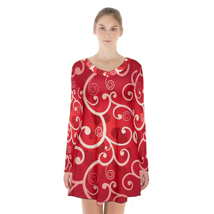 Patterns, Corazones, Texture, Red, Long Sleeve Velvet V-neck Dress