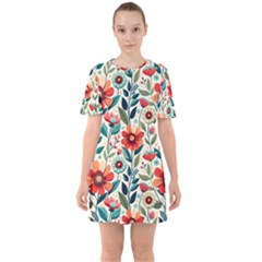 Flowers Flora Floral Background Pattern Nature Seamless Bloom Background Wallpaper Spring Sixties Short Sleeve Mini Dress by Maspions