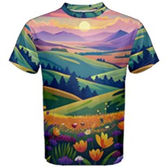 Field Valley Nature Meadows Flowers Dawn Landscape Men s Cotton T-shirt