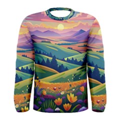 Field Valley Nature Meadows Flowers Dawn Landscape Men s Long Sleeve T-shirt