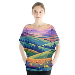 Field Valley Nature Meadows Flowers Dawn Landscape Batwing Chiffon Blouse