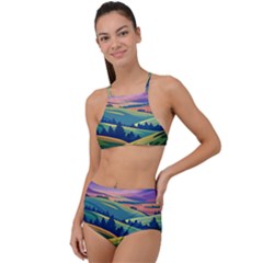 Field Valley Nature Meadows Flowers Dawn Landscape Halter Tankini Set by Maspions