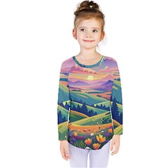 Field Valley Nature Meadows Flowers Dawn Landscape Kids  Long Sleeve T-shirt