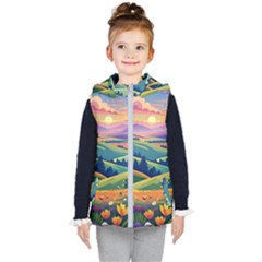 Field Valley Nature Meadows Flowers Dawn Landscape Kids  Hooded Puffer Vest