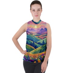 Field Valley Nature Meadows Flowers Dawn Landscape Mock Neck Chiffon Sleeveless Top by Maspions
