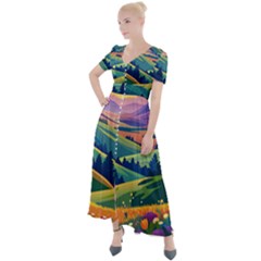 Field Valley Nature Meadows Flowers Dawn Landscape Button Up Short Sleeve Maxi Dress