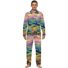 Field Valley Nature Meadows Flowers Dawn Landscape Men s Long Sleeve Velvet Pocket Pajamas Set