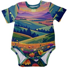 Field Valley Nature Meadows Flowers Dawn Landscape Baby Short Sleeve Bodysuit by Maspions