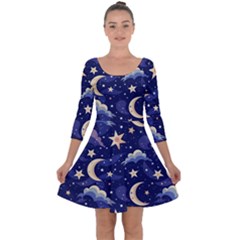 Night Moon Seamless Background Stars Sky Clouds Texture Pattern Quarter Sleeve Skater Dress