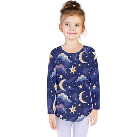 Night Moon Seamless Background Stars Sky Clouds Texture Pattern Kids  Long Sleeve T-shirt by Maspions