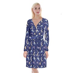 Night Moon Seamless Background Stars Sky Clouds Texture Pattern Long Sleeve Velvet Front Wrap Dress