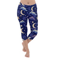 Night Moon Seamless Background Stars Sky Clouds Texture Pattern Lightweight Velour Capri Yoga Leggings