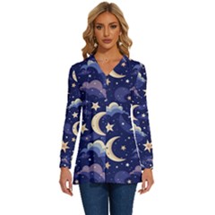 Night Moon Seamless Background Stars Sky Clouds Texture Pattern Long Sleeve Drawstring Hooded Top by Maspions