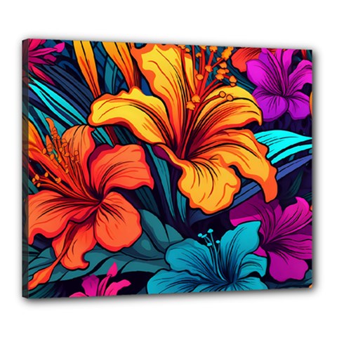 Hibiscus Flowers Colorful Vibrant Tropical Garden Bright Saturated Nature Canvas 24  X 20  (stretched)