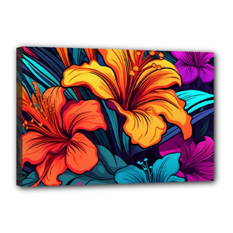 Hibiscus Flowers Colorful Vibrant Tropical Garden Bright Saturated Nature Canvas 18  X 12  (stretched) by Maspions