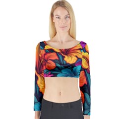 Hibiscus Flowers Colorful Vibrant Tropical Garden Bright Saturated Nature Long Sleeve Crop Top