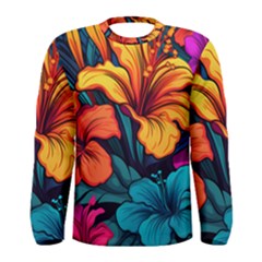 Hibiscus Flowers Colorful Vibrant Tropical Garden Bright Saturated Nature Men s Long Sleeve T-shirt by Maspions