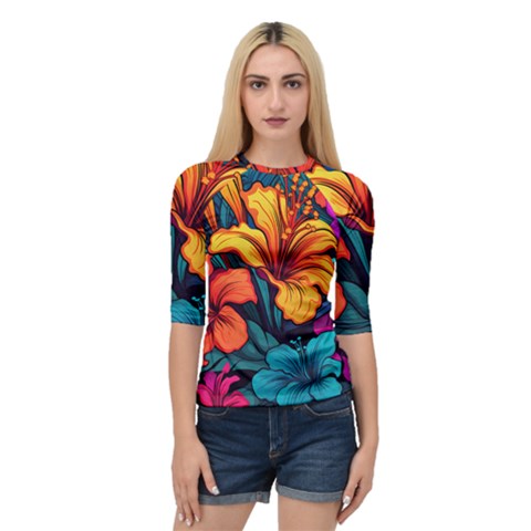 Hibiscus Flowers Colorful Vibrant Tropical Garden Bright Saturated Nature Quarter Sleeve Raglan T-shirt by Maspions