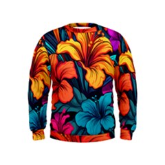 Hibiscus Flowers Colorful Vibrant Tropical Garden Bright Saturated Nature Kids  Sweatshirt