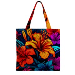 Hibiscus Flowers Colorful Vibrant Tropical Garden Bright Saturated Nature Zipper Grocery Tote Bag