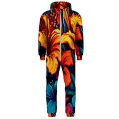 Hibiscus Flowers Colorful Vibrant Tropical Garden Bright Saturated Nature Hooded Jumpsuit (men) by Maspions