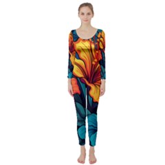 Hibiscus Flowers Colorful Vibrant Tropical Garden Bright Saturated Nature Long Sleeve Catsuit