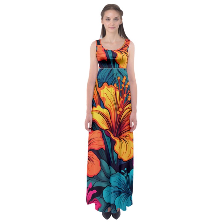 Hibiscus Flowers Colorful Vibrant Tropical Garden Bright Saturated Nature Empire Waist Maxi Dress