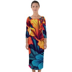 Hibiscus Flowers Colorful Vibrant Tropical Garden Bright Saturated Nature Quarter Sleeve Midi Bodycon Dress
