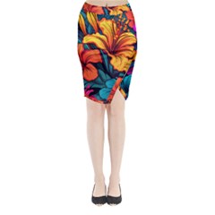 Hibiscus Flowers Colorful Vibrant Tropical Garden Bright Saturated Nature Midi Wrap Pencil Skirt by Maspions