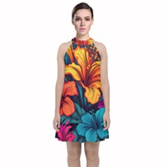 Hibiscus Flowers Colorful Vibrant Tropical Garden Bright Saturated Nature Velvet Halter Neckline Dress 