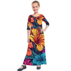 Hibiscus Flowers Colorful Vibrant Tropical Garden Bright Saturated Nature Kids  Quarter Sleeve Maxi Dress