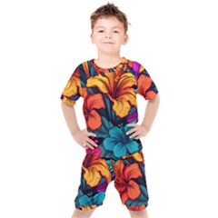 Hibiscus Flowers Colorful Vibrant Tropical Garden Bright Saturated Nature Kids  T-shirt And Shorts Set by Maspions