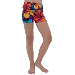Hibiscus Flowers Colorful Vibrant Tropical Garden Bright Saturated Nature Kids  Lightweight Velour Yoga Shorts