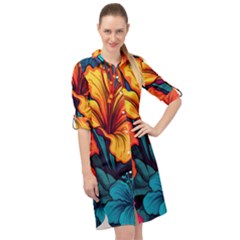 Hibiscus Flowers Colorful Vibrant Tropical Garden Bright Saturated Nature Long Sleeve Mini Shirt Dress