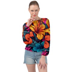 Hibiscus Flowers Colorful Vibrant Tropical Garden Bright Saturated Nature Banded Bottom Chiffon Top