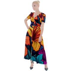 Hibiscus Flowers Colorful Vibrant Tropical Garden Bright Saturated Nature Button Up Short Sleeve Maxi Dress